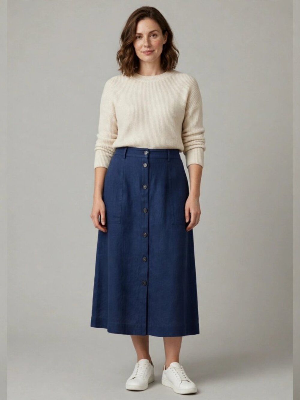 Noa Noa Navy Linen Blend Button Front Midi Skirt Size 36 Blue